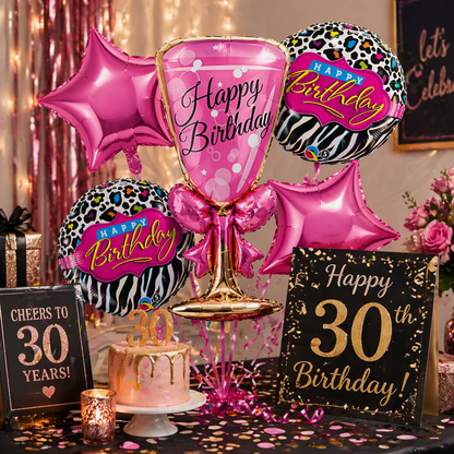 Pink Champagne Glass Foil Balloon Set of 5 for Birthday Decoration | 1 Supershape Champagne Glass + 2 Pink Happy Birthday Balloons + 2 Pink Star Balloons