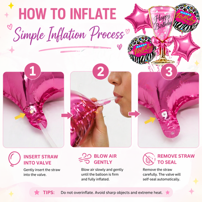 Pink Champagne Glass Helium Balloon Set of 5 (Supershape Champagne Glass + 2 Pink Happy Birthday + 2 Pink Star Balloons) | Pre-Inflated & Delivered | Birthday Decoration