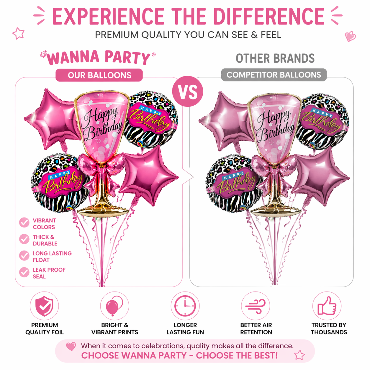 Pink Champagne Glass Helium Balloon Set of 5 (Supershape Champagne Glass + 2 Pink Happy Birthday + 2 Pink Star Balloons) | Pre-Inflated & Delivered | Birthday Decoration