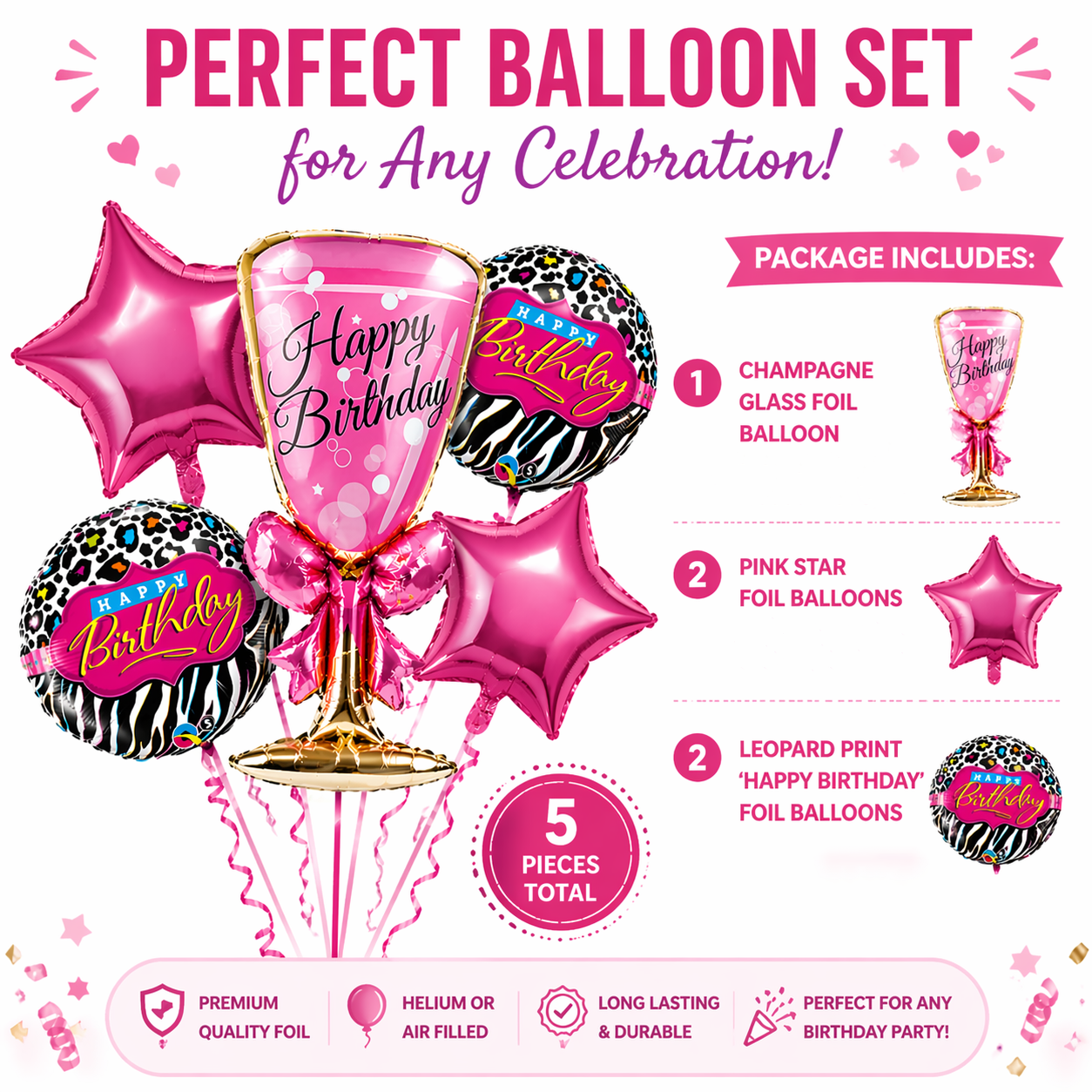 Pink Champagne Glass Foil Balloon Set of 5 for Birthday Decoration | 1 Supershape Champagne Glass + 2 Pink Happy Birthday Balloons + 2 Pink Star Balloons