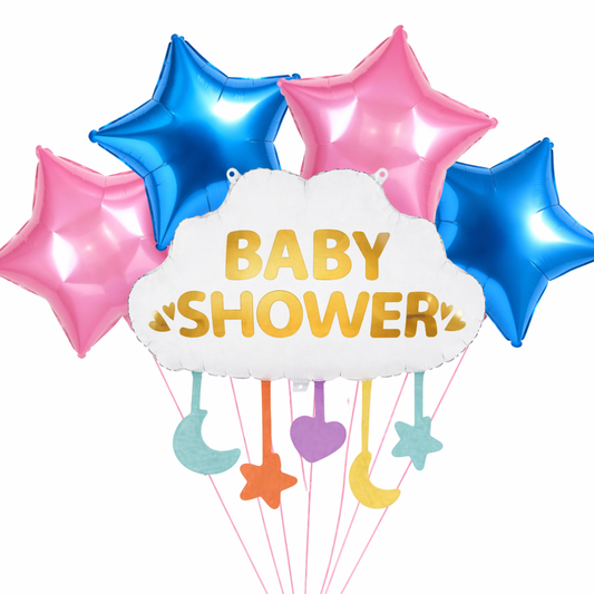 Baby Shower Cloud Foil Balloon Set of 5 for Decoration | 1 Supershape Cloud Balloon + 2 Gold Star + 2 Silver Star Balloons