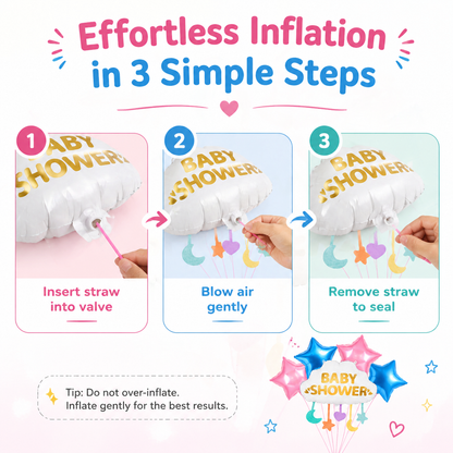 Baby Shower Cloud Foil Balloon Set of 5 for Decoration | 1 Supershape Cloud Balloon + 2 Gold Star + 2 Silver Star Balloons