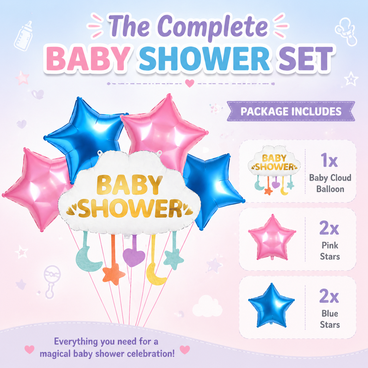 Baby Shower Cloud Foil Balloon Set of 5 for Decoration | 1 Supershape Cloud Balloon + 2 Gold Star + 2 Silver Star Balloons