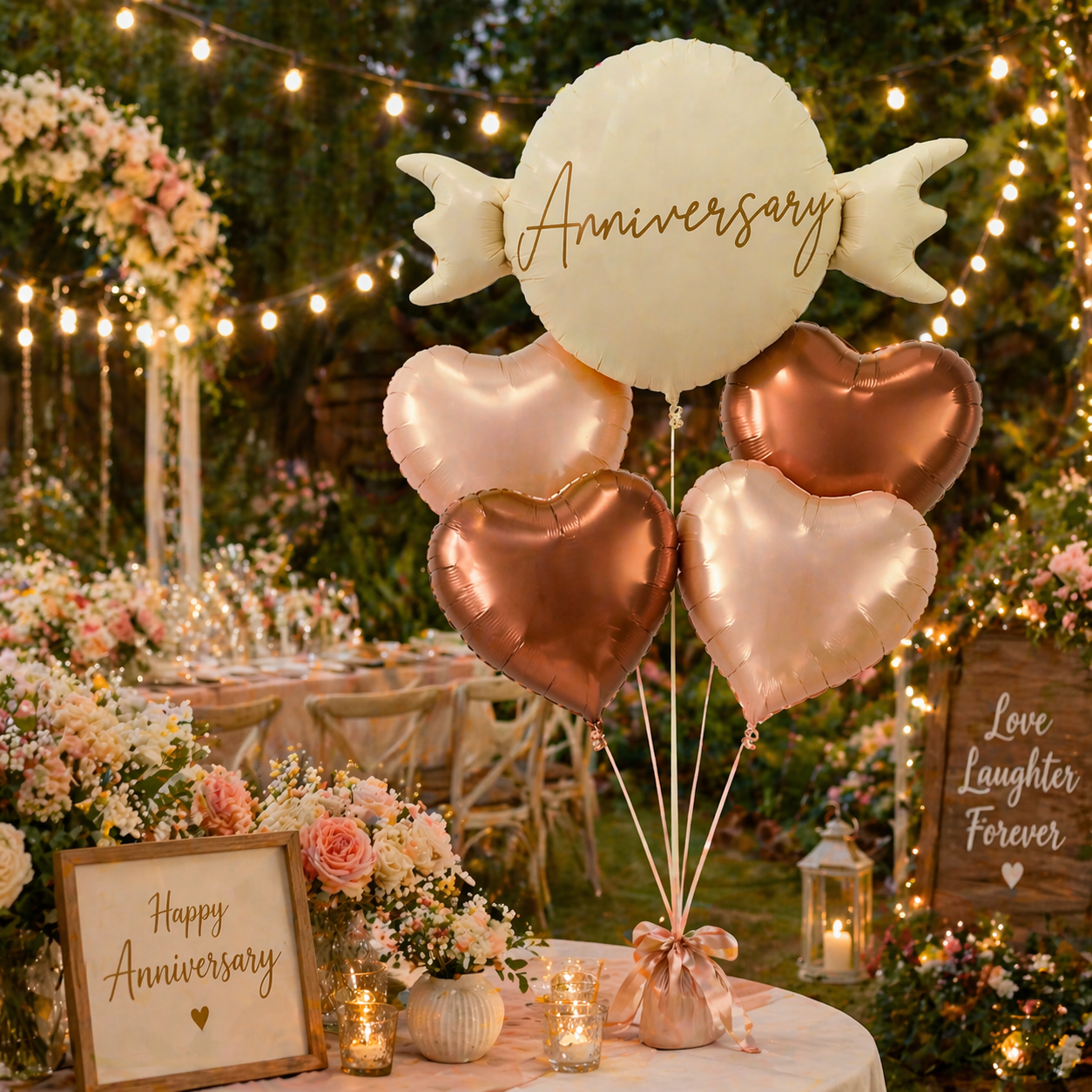 Happy Anniversary Candy Shape Helium Balloon Set of 5 (Candy Balloon + 2 Copper Heart + 2 Caramel Nude Heart Balloons) | Pre-Inflated & Delivered | Anniversary Decoration