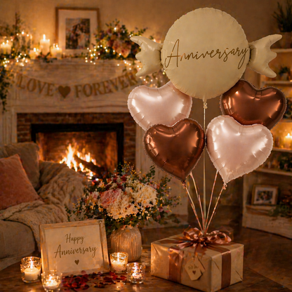 Happy Anniversary Candy Shape Helium Balloon Set of 5 (Candy Balloon + 2 Copper Heart + 2 Caramel Nude Heart Balloons) | Pre-Inflated & Delivered | Anniversary Decoration