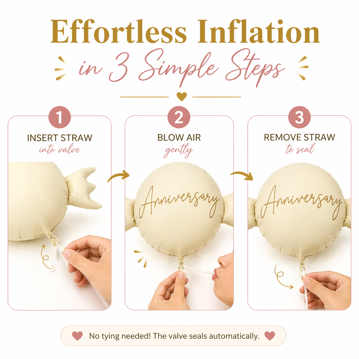 Happy Anniversary Candy Shape Helium Balloon Set of 5 (Candy Balloon + 2 Copper Heart + 2 Caramel Nude Heart Balloons) | Pre-Inflated & Delivered | Anniversary Decoration