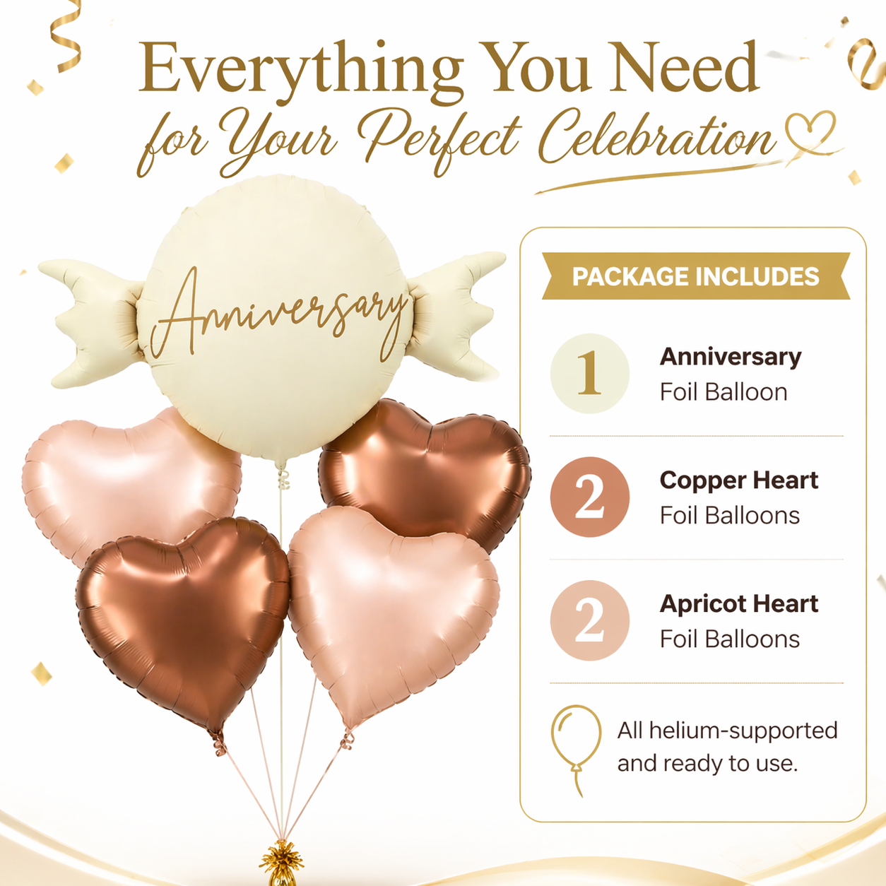 Happy Anniversary Candy Shape Helium Balloon Set of 5 (Candy Balloon + 2 Copper Heart + 2 Caramel Nude Heart Balloons) | Pre-Inflated & Delivered | Anniversary Decoration