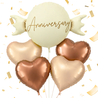 Happy Anniversary Candy Shape Foil Balloon Set of 5 for Celebration Decoration | Candy Balloon with 2 Copper Heart Balloons & 2 Caramel Nude Heart Balloons