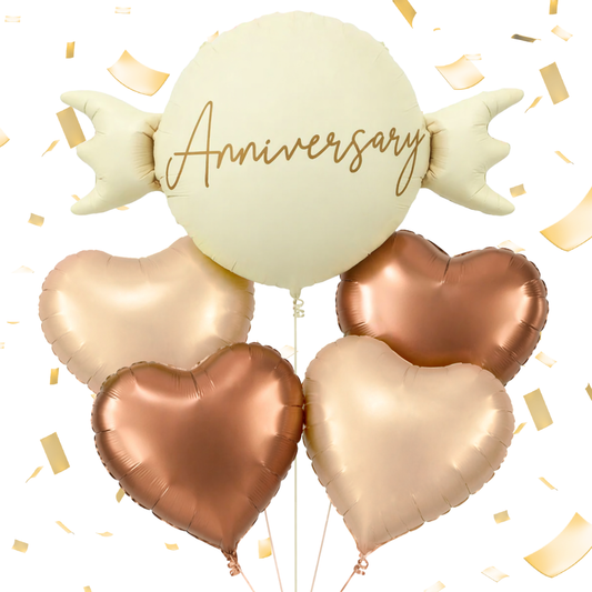 Happy Anniversary Candy Shape Foil Balloon Set of 5 for Celebration Decoration | Candy Balloon with 2 Copper Heart Balloons & 2 Caramel Nude Heart Balloons