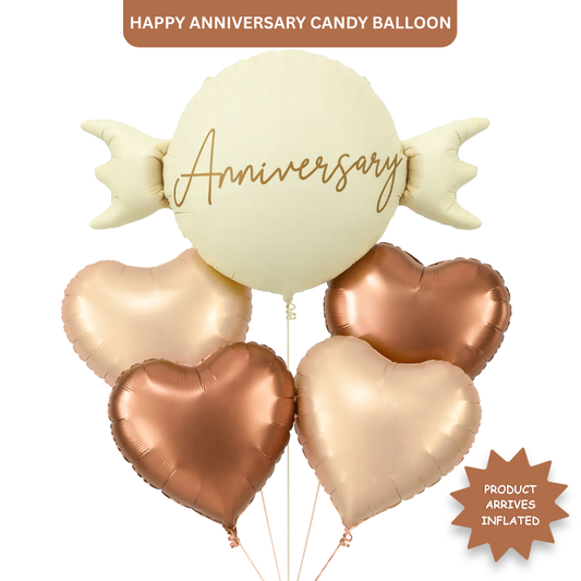 Happy Anniversary Candy Shape Helium Balloon Set of 5 (Candy Balloon + 2 Copper Heart + 2 Caramel Nude Heart Balloons) | Pre-Inflated & Delivered | Anniversary Decoration