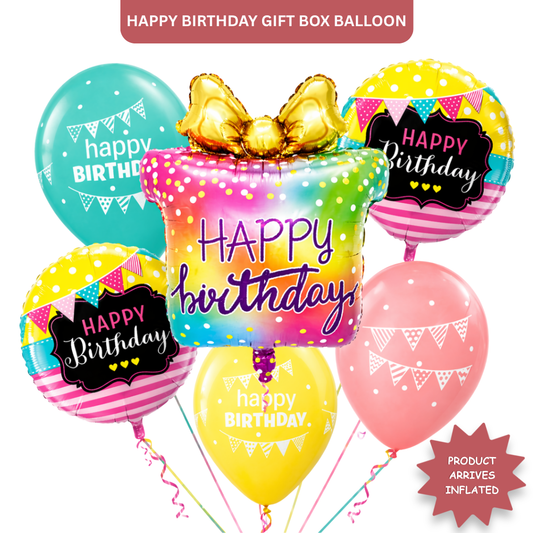 Happy Birthday Gift Box Helium Balloon Set of 6 (Supershape Gift Box + 2 Round Happy Birthday Foil 18 Inch + 3 Printed Balloons) | Pre-Inflated & Delivered | Birthday Decoration