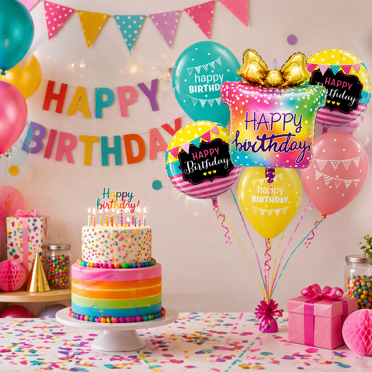 Happy Birthday Gift Box Foil Balloon Set of 6 for Decoration | 1 Supershape Gift Box Balloon + 2 Round Happy Birthday Foil Balloons (18 Inch) + 3 Printed Balloons