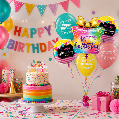 Happy Birthday Gift Box Foil Balloon Set of 6 for Decoration | 1 Supershape Gift Box Balloon + 2 Round Happy Birthday Foil Balloons (18 Inch) + 3 Printed Balloons