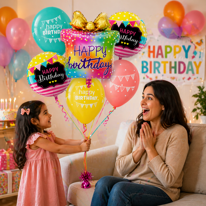 Happy Birthday Gift Box Foil Balloon Set of 6 for Decoration | 1 Supershape Gift Box Balloon + 2 Round Happy Birthday Foil Balloons (18 Inch) + 3 Printed Balloons