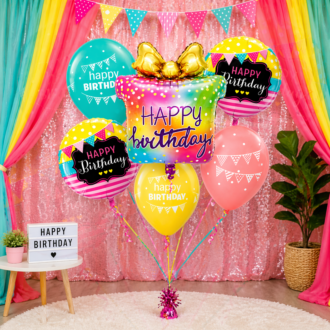 Happy Birthday Gift Box Foil Balloon Set of 6 for Decoration | 1 Supershape Gift Box Balloon + 2 Round Happy Birthday Foil Balloons (18 Inch) + 3 Printed Balloons