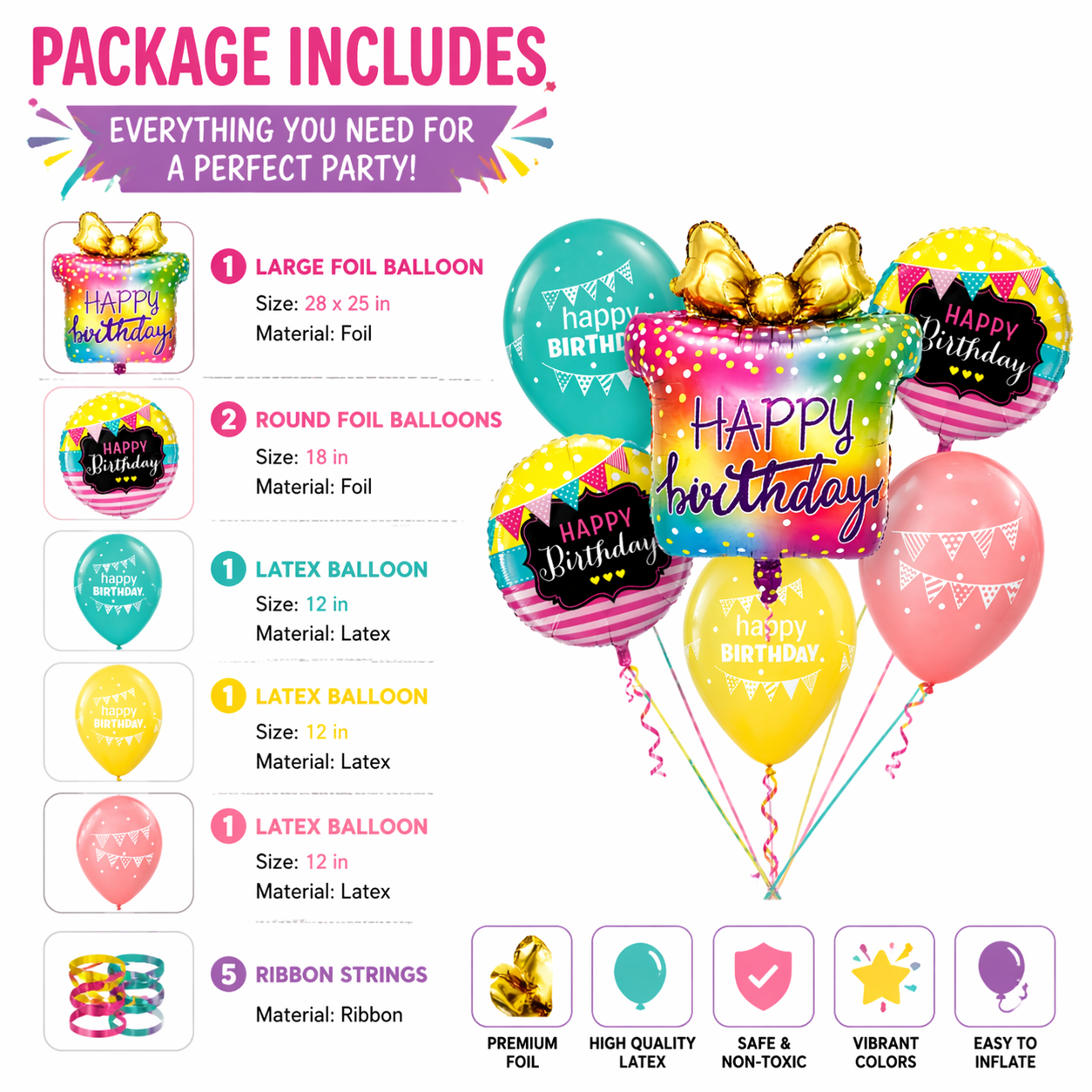 Happy Birthday Gift Box Foil Balloon Set of 6 for Decoration | 1 Supershape Gift Box Balloon + 2 Round Happy Birthday Foil Balloons (18 Inch) + 3 Printed Balloons