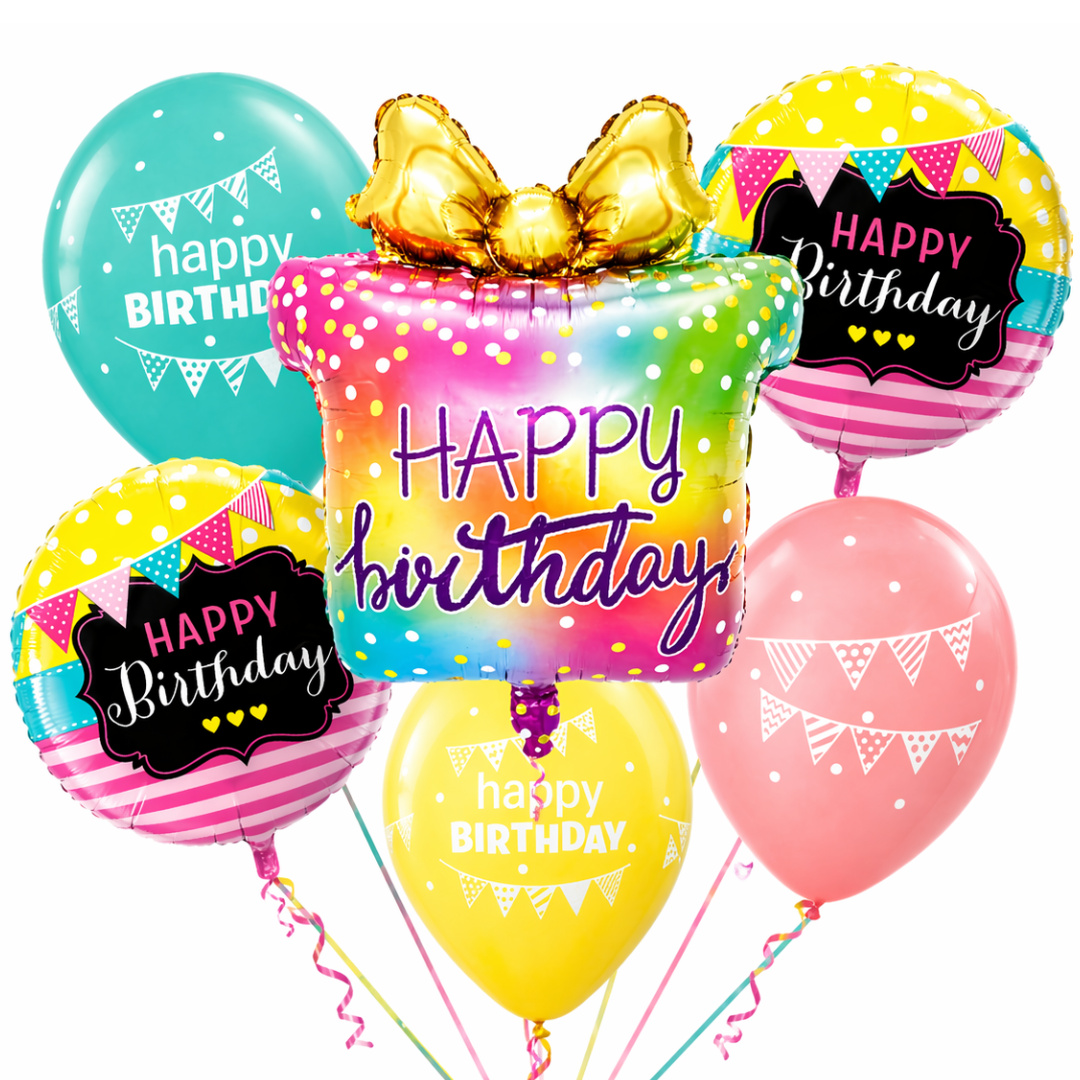 Happy Birthday Gift Box Foil Balloon Set of 6 for Decoration | 1 Supershape Gift Box Balloon + 2 Round Happy Birthday Foil Balloons (18 Inch) + 3 Printed Balloons