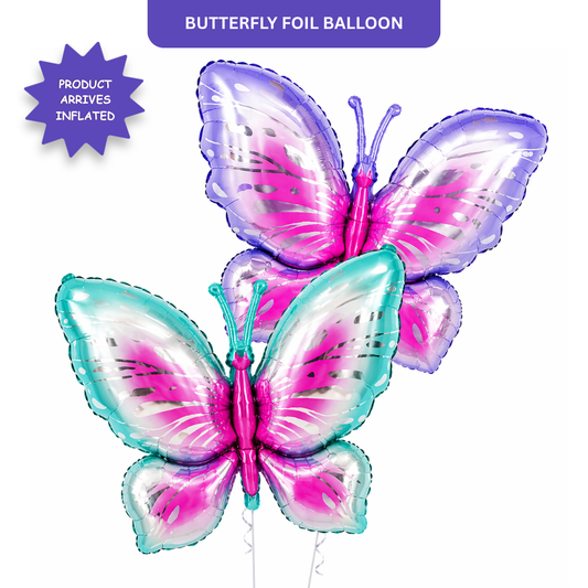 Big Size Butterfly Foil Balloons Set of 2 (Blue & Purple) | Helium Filled & Delivered Inflated | Birthday Decoration Balloons