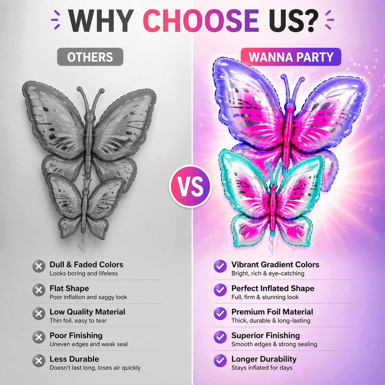 Big Size Butterfly Foil Balloons Set of 2 (Blue & Purple) | Helium Filled & Delivered Inflated | Birthday Decoration Balloons