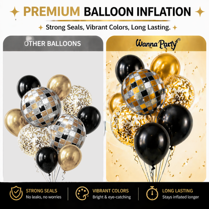 Disco Theme Foil Balloon Set of 10 for Celebration Decoration | 2 Disco Foil Balloons + 3 Gold + 3 Black Balloons + 2 Gold Confetti Balloons