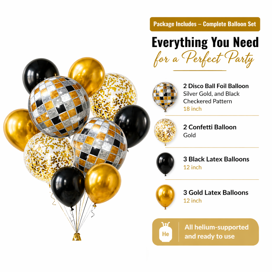 Disco Theme Foil Balloon Set of 10 for Celebration Decoration | 2 Disco Foil Balloons + 3 Gold + 3 Black Balloons + 2 Gold Confetti Balloons