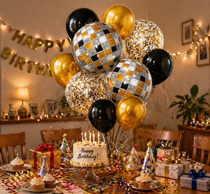 Disco Theme Foil Balloon Set of 10 for Celebration Decoration | 2 Disco Foil Balloons + 3 Gold + 3 Black Balloons + 2 Gold Confetti Balloons