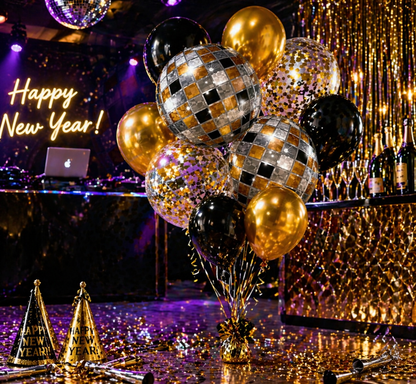 Disco Theme Foil Balloon Set of 10 for Celebration Decoration | 2 Disco Foil Balloons + 3 Gold + 3 Black Balloons + 2 Gold Confetti Balloons