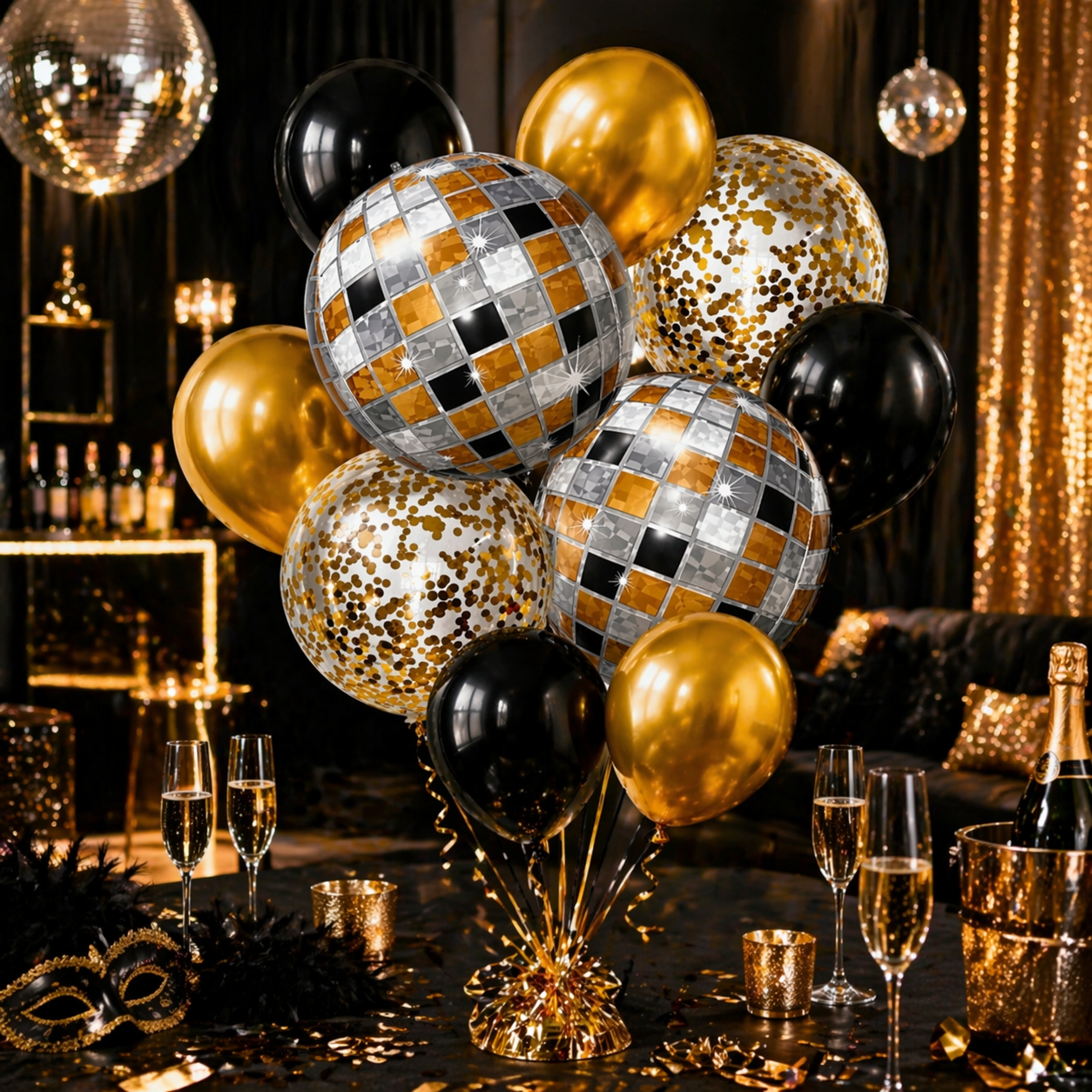 Disco Theme Foil Balloon Set of 10 for Celebration Decoration | 2 Disco Foil Balloons + 3 Gold + 3 Black Balloons + 2 Gold Confetti Balloons
