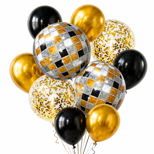 Disco Theme Foil Balloon Set of 10 for Celebration Decoration | 2 Disco Foil Balloons + 3 Gold + 3 Black Balloons + 2 Gold Confetti Balloons