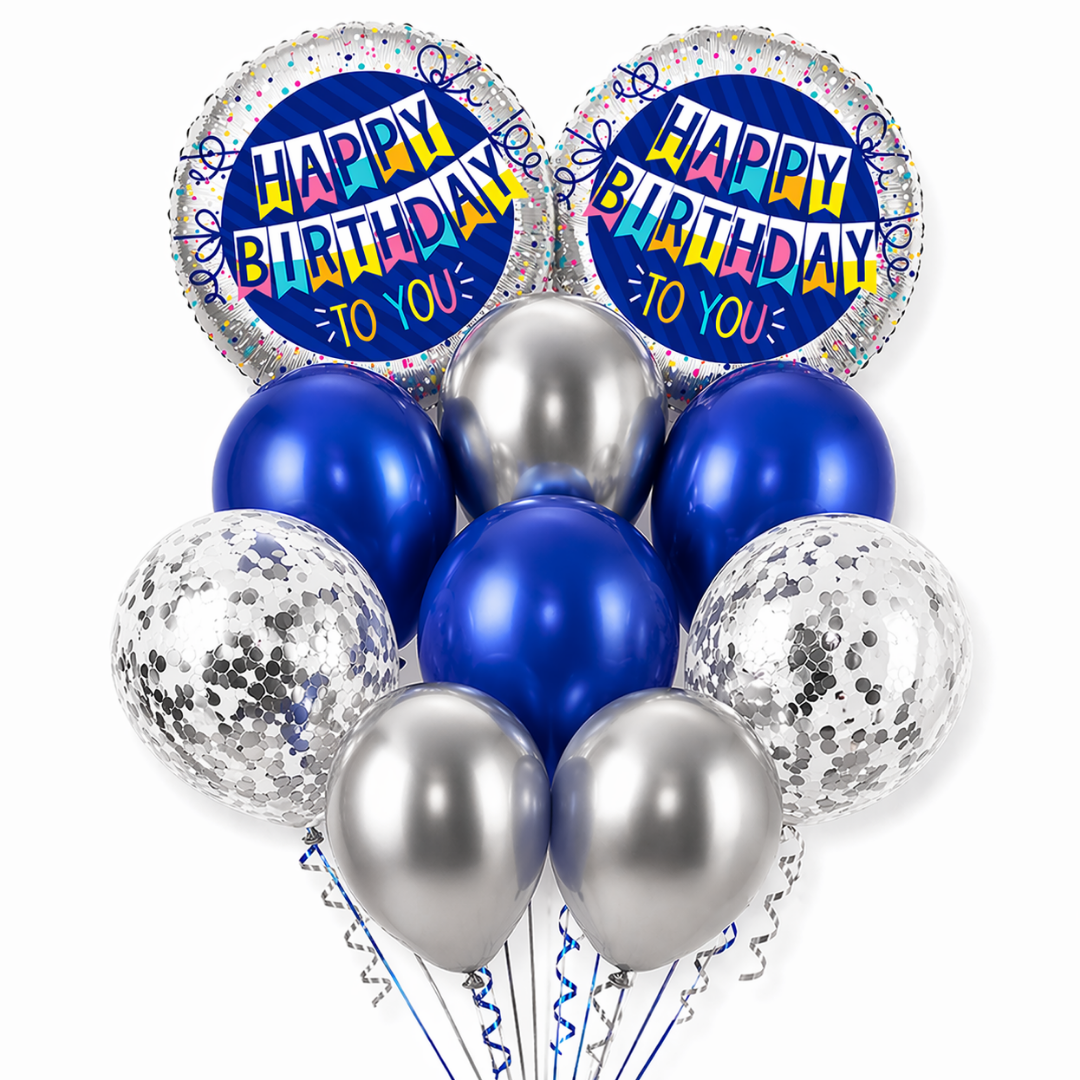 Happy Birthday Helium Balloon Set of 10 (2 Blue Bunting Flag Foil + 3 Dark Blue + 3 Silver + 2 Silver Confetti Balloons) | Pre-Inflated & Delivered | Birthday Decoration