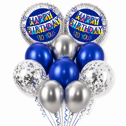 Happy Birthday Helium Balloon Set of 10 (2 Blue Bunting Flag Foil + 3 Dark Blue + 3 Silver + 2 Silver Confetti Balloons) | Pre-Inflated & Delivered | Birthday Decoration