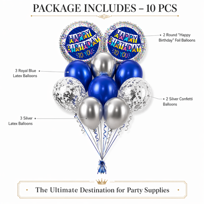 Happy Birthday Helium Balloon Set of 10 (2 Blue Bunting Flag Foil + 3 Dark Blue + 3 Silver + 2 Silver Confetti Balloons) | Pre-Inflated & Delivered | Birthday Decoration