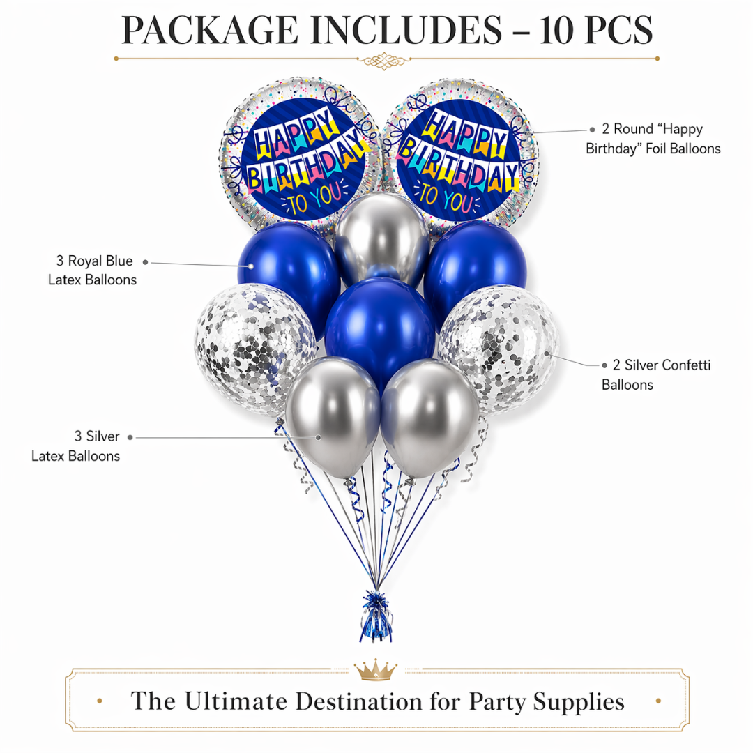 Happy Birthday Foil Balloon Set of 10 for Decoration | 2 Blue Round Bunting Flag Foil Balloons + 3 Dark Blue Balloons + 3 Silver Balloons + 2 Silver Confetti Balloons