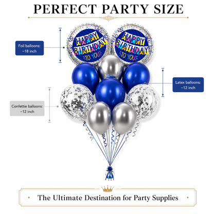 Happy Birthday Foil Balloon Set of 10 for Decoration | 2 Blue Round Bunting Flag Foil Balloons + 3 Dark Blue Balloons + 3 Silver Balloons + 2 Silver Confetti Balloons