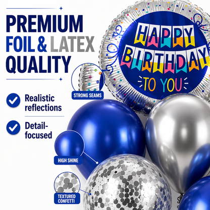 Happy Birthday Foil Balloon Set of 10 for Decoration | 2 Blue Round Bunting Flag Foil Balloons + 3 Dark Blue Balloons + 3 Silver Balloons + 2 Silver Confetti Balloons