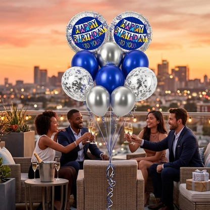 Happy Birthday Helium Balloon Set of 10 (2 Blue Bunting Flag Foil + 3 Dark Blue + 3 Silver + 2 Silver Confetti Balloons) | Pre-Inflated & Delivered | Birthday Decoration