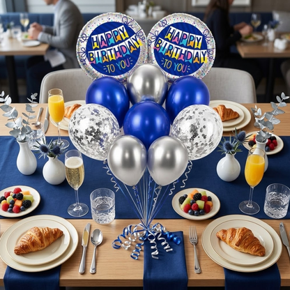 Happy Birthday Helium Balloon Set of 10 (2 Blue Bunting Flag Foil + 3 Dark Blue + 3 Silver + 2 Silver Confetti Balloons) | Pre-Inflated & Delivered | Birthday Decoration
