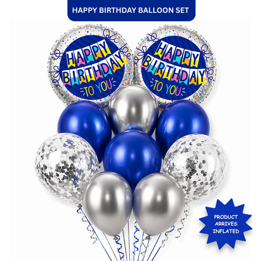 Happy Birthday Helium Balloon Set of 10 (2 Blue Bunting Flag Foil + 3 Dark Blue + 3 Silver + 2 Silver Confetti Balloons) | Pre-Inflated & Delivered | Birthday Decoration