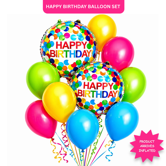 Colorful Polka Dots Happy Birthday Helium Balloon Set of 10 (2 Round Foil + Hot Pink, Blue, Green & Yellow Balloons) | Pre-Inflated & Delivered | Birthday Decoration