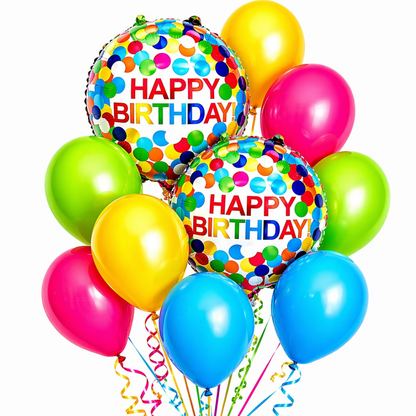 Colorful Polka Dots Happy Birthday Helium Balloon Set of 10 (2 Round Foil + Hot Pink, Blue, Green & Yellow Balloons) | Pre-Inflated & Delivered | Birthday Decoration