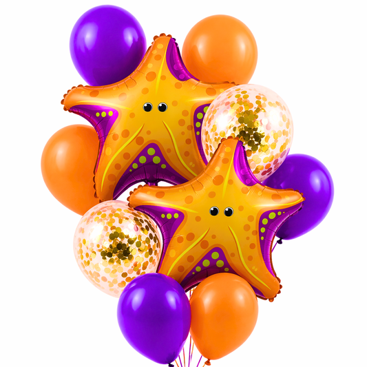 Starfish Underwater Theme Balloon Set of 10 for Birthday Decoration | 2 Starfish Foil Balloons + 3 Purple + 3 Yellow + 2 Gold Confetti Balloons (12 Inch) | Ocean Sea Party Decor Supplies