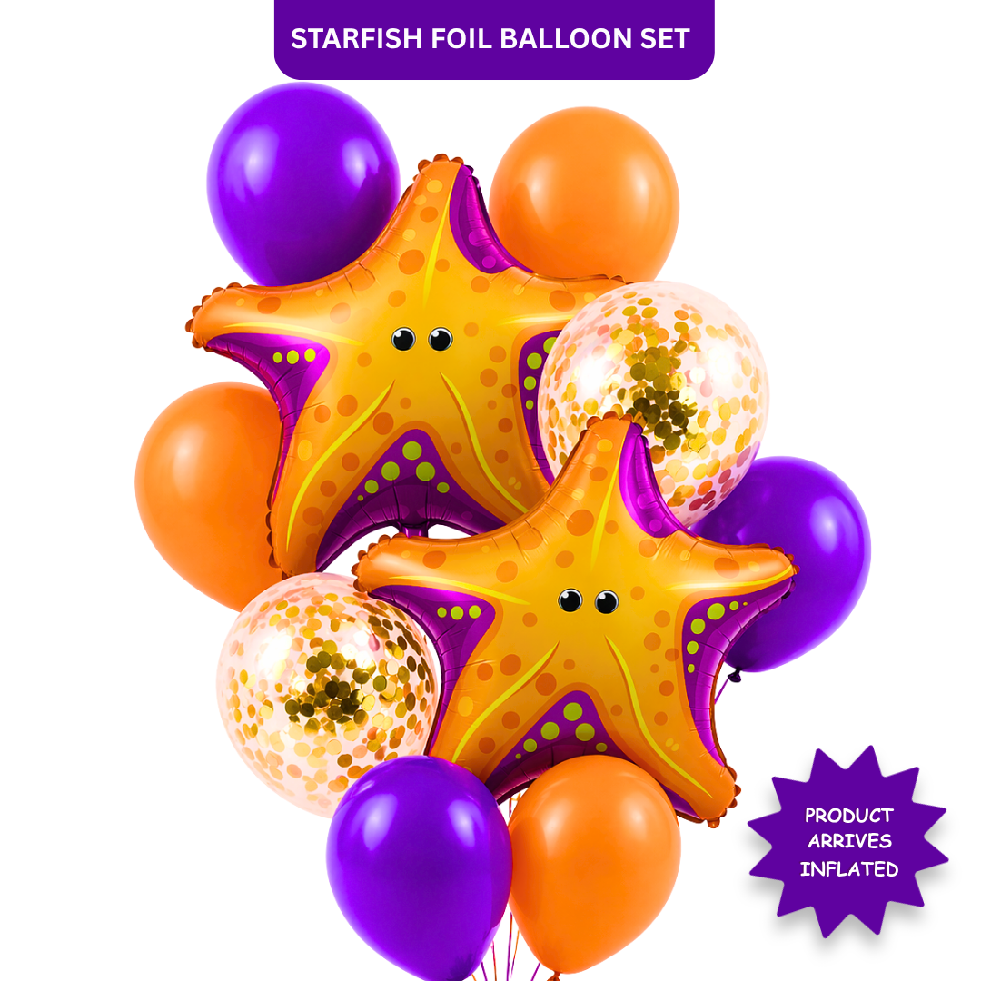 Starfish Underwater Helium Balloon Set of 10 (2 Starfish Foil + 3 Purple + 3 Yellow + 2 Gold Confetti Balloons) | Pre-Inflated & Delivered | Ocean Theme Birthday Decoration