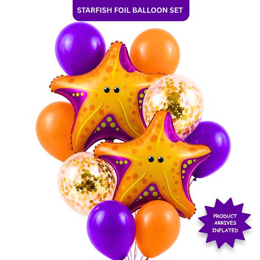 Starfish Underwater Helium Balloon Set of 10 (2 Starfish Foil + 3 Purple + 3 Yellow + 2 Gold Confetti Balloons) | Pre-Inflated & Delivered | Ocean Theme Birthday Decoration