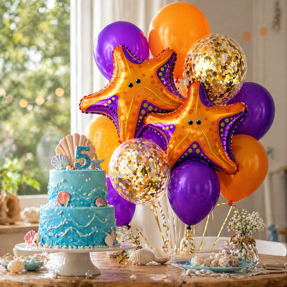 Starfish Underwater Helium Balloon Set of 10 (2 Starfish Foil + 3 Purple + 3 Yellow + 2 Gold Confetti Balloons) | Pre-Inflated & Delivered | Ocean Theme Birthday Decoration