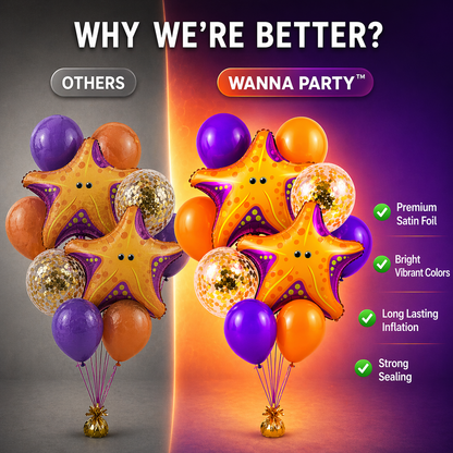 Starfish Underwater Theme Balloon Set of 10 for Birthday Decoration | 2 Starfish Foil Balloons + 3 Purple + 3 Yellow + 2 Gold Confetti Balloons (12 Inch) | Ocean Sea Party Decor Supplies