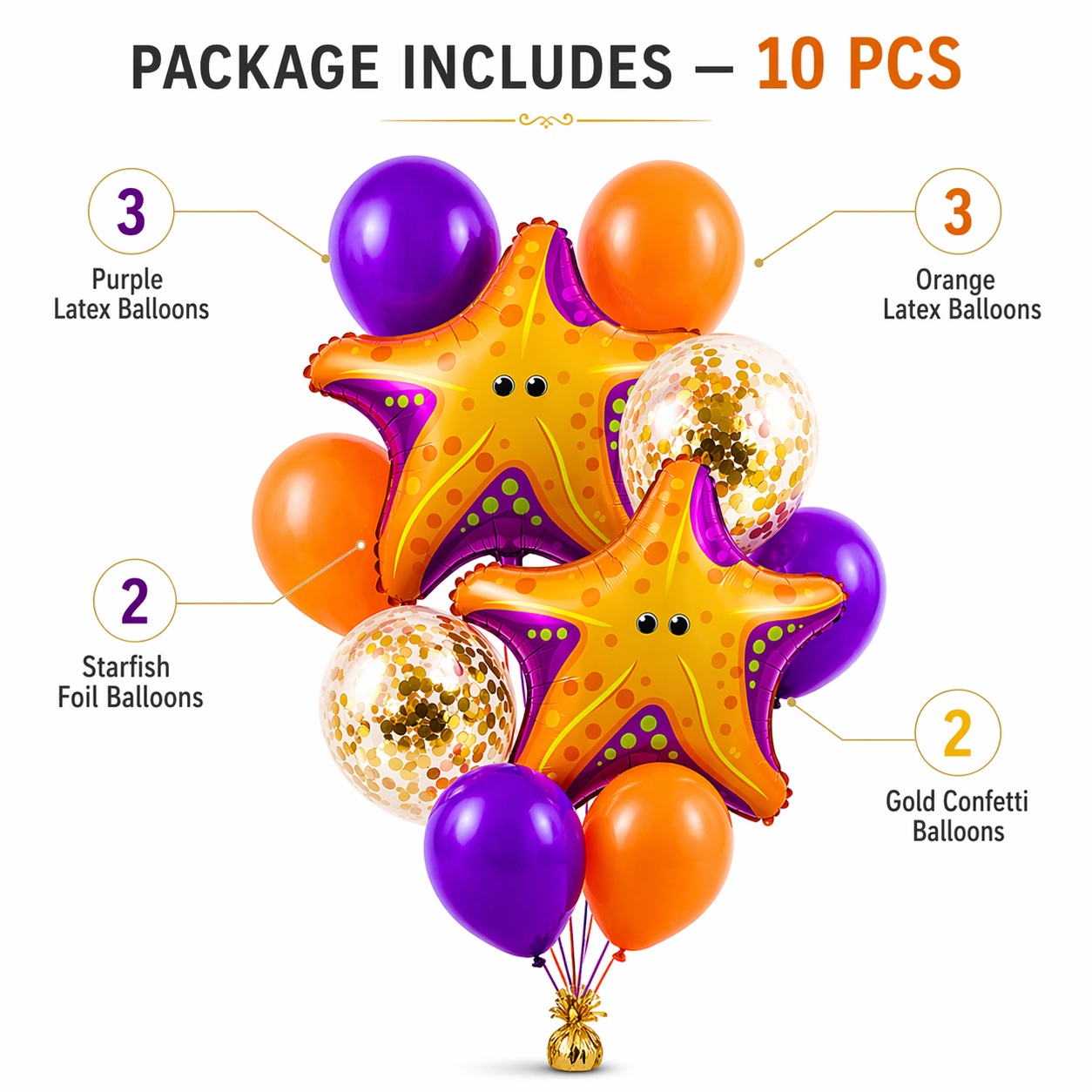 Starfish Underwater Theme Balloon Set of 10 for Birthday Decoration | 2 Starfish Foil Balloons + 3 Purple + 3 Yellow + 2 Gold Confetti Balloons (12 Inch) | Ocean Sea Party Decor Supplies