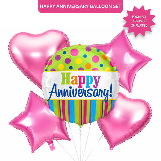 Happy Anniversary Helium Balloon Set of 5 (1 Round Anniversary 18 Inch + 2 Pink Heart + 2 Pink Star Balloons) | Pre-Inflated & Delivered | Anniversary Decoration