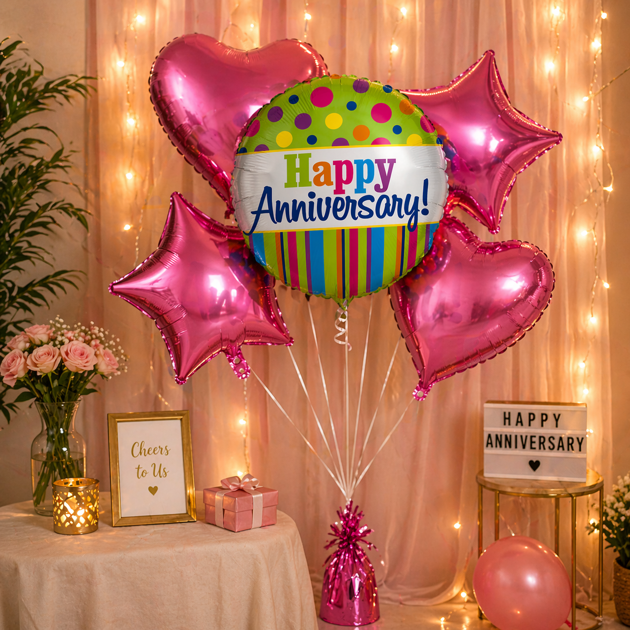Happy Anniversary Helium Balloon Set of 5 (1 Round Anniversary 18 Inch + 2 Pink Heart + 2 Pink Star Balloons) | Pre-Inflated & Delivered | Anniversary Decoration