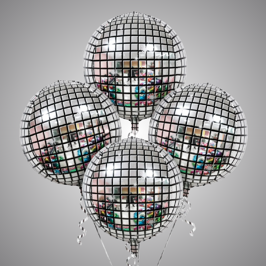 Silver Disco Ball Foil Balloons Set of 4 | Helium Filled & Delivers Inflated | Party Decoration for Birthday, Anniversary & New Year