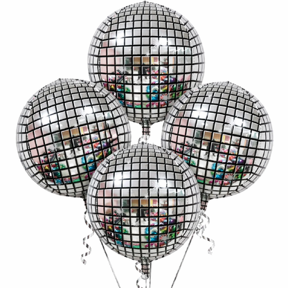 Disco Ball Silver Foil Balloon Set of 4 for Celebration Decoration | Mirror Disco Theme Balloons | Helium Supported Party Decor for Birthday, Anniversary & New Year